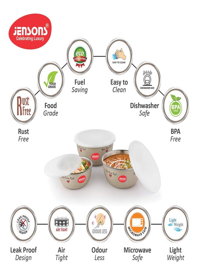 JENSONS Flora Microwave Safe Bowl | Diwali Gifts, Serving Bowl with Lid, Mixing Bowl, Oven Bowl Set Microwave, Flora Stainless Steel Bowl Set of 3 with 600ml, 800ml, 1300ml-Creame - Image 4